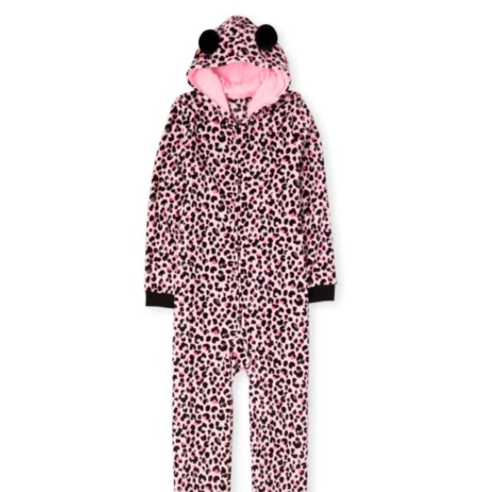Children's Place Adult Pink Leopard Fleece One Piece Medium Pajamas